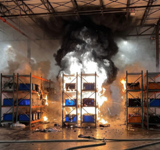 Warehouse storage racks engulfed in flames with thick black smoke rising between shelves and blue/orange containers on fire; hoses lie on the wet floor.