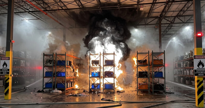 Warehouse storage racks engulfed in flames with thick black smoke rising between shelves and blue/orange containers on fire; hoses lie on the wet floor.