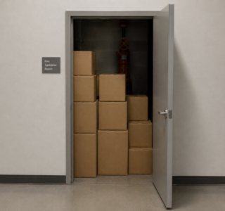 Open door to a fire sprinkler room with stacked cardboard boxes and red piping visible on the back wall.